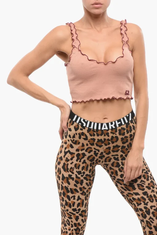 Clearance Crop Top a Costine con Logo Ricamato Donna Intimo