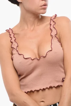 Clearance Crop Top a Costine con Logo Ricamato Donna Intimo