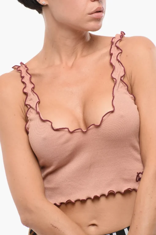 Clearance Crop Top a Costine con Logo Ricamato Donna Intimo