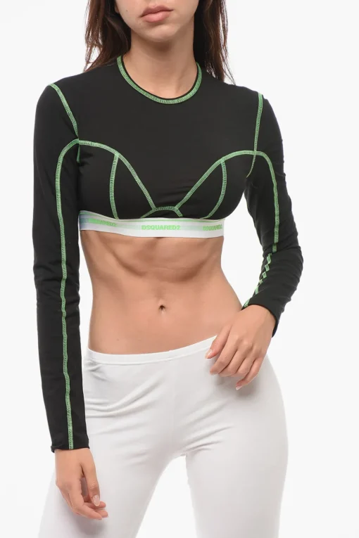 Crop Top a Maniche Lunghe con Cuiciture a Vista>Dsquared2 Fashion