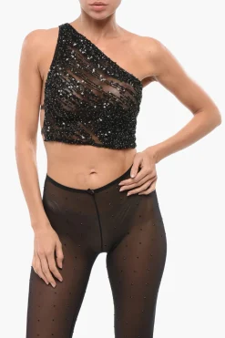 Hot Crop Top Monospalla in Paillettes con Cinturini Donna T-Shirts E Tops