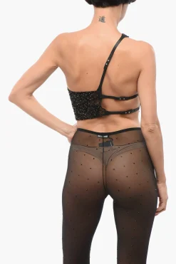 Hot Crop Top Monospalla in Paillettes con Cinturini Donna T-Shirts E Tops