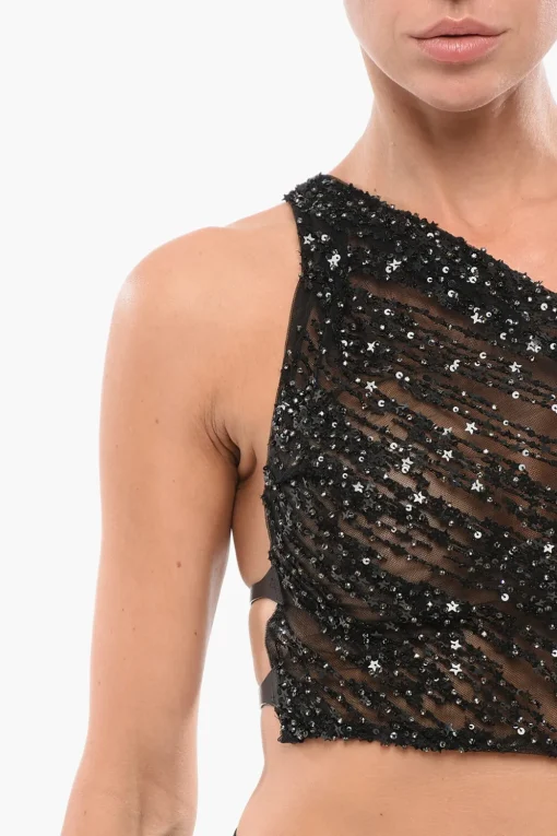 Hot Crop Top Monospalla in Paillettes con Cinturini Donna T-Shirts E Tops
