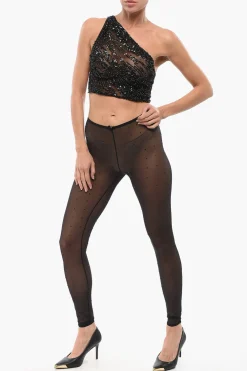 Hot Crop Top Monospalla in Paillettes con Cinturini Donna T-Shirts E Tops