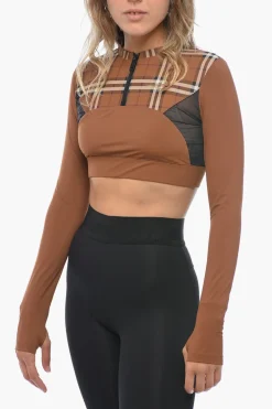 Hot Crop Top Motivo Tartan con Inserti in Mesh Donna T-Shirts E Tops