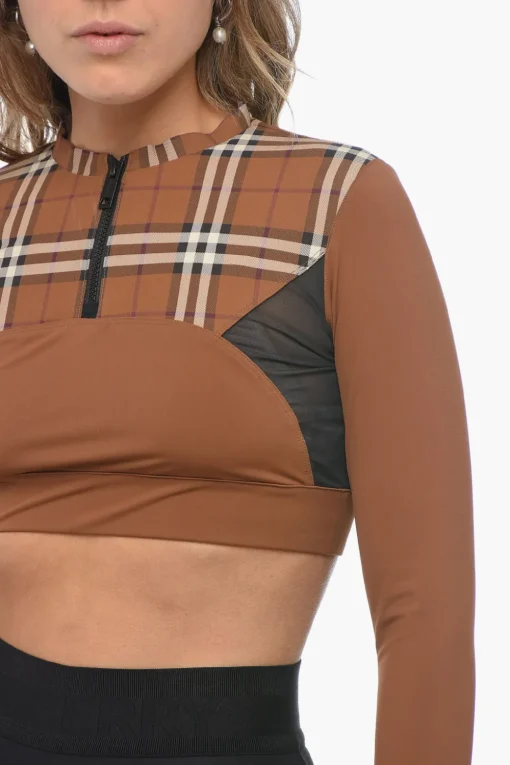 Hot Crop Top Motivo Tartan con Inserti in Mesh Donna T-Shirts E Tops