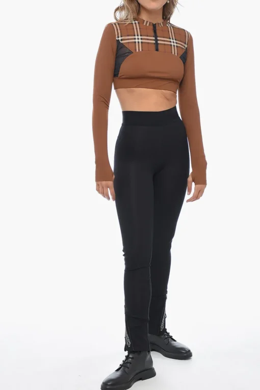 Hot Crop Top Motivo Tartan con Inserti in Mesh Donna T-Shirts E Tops