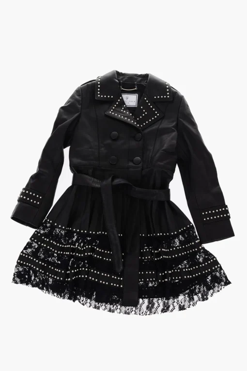 EST.1978 soprabito doppiopetto in pelle borchiato con fondo in pizzo>Philipp Plein Fashion