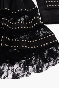 EST.1978 soprabito doppiopetto in pelle borchiato con fondo in pizzo>Philipp Plein Fashion