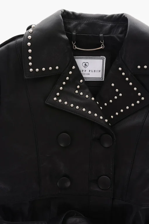 EST.1978 soprabito doppiopetto in pelle borchiato con fondo in pizzo>Philipp Plein Fashion