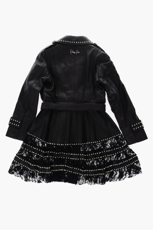 EST.1978 soprabito doppiopetto in pelle borchiato con fondo in pizzo>Philipp Plein Fashion