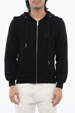 Felpa Con Cappuccio e Zip In Cotone Garzato Con Tribale In Strass>John Richmond Online