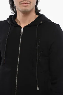 Felpa Con Cappuccio e Zip In Cotone Garzato Con Tribale In Strass></noscript>John Richmond Online
