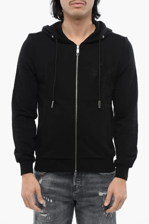 Felpa Con Cappuccio e Zip In Cotone Garzato Con Tribale In Strass>John Richmond Online