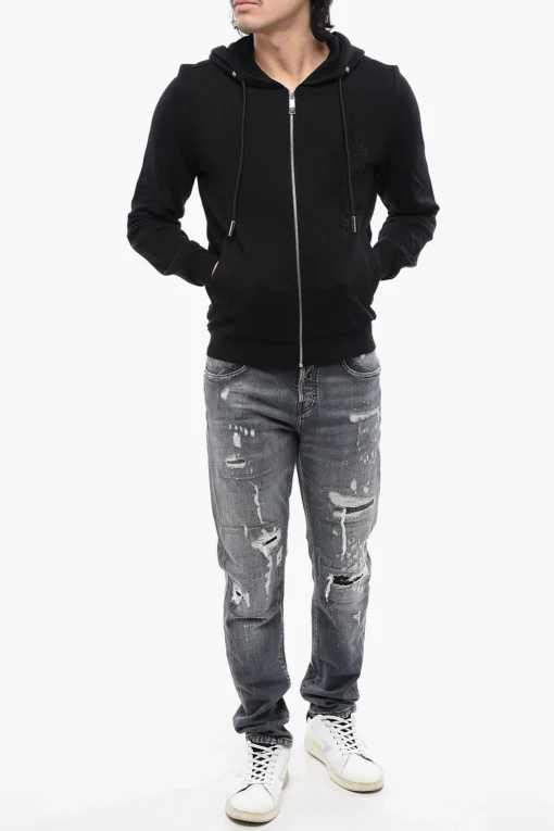 Felpa Con Cappuccio e Zip In Cotone Garzato Con Tribale In Strass>John Richmond Online