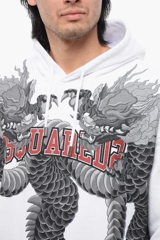 Felpa Con Cappuccio In Cotone Garzato Con Stampa Dragons>Dsquared2 Discount