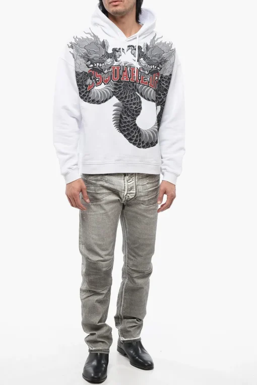 Felpa Con Cappuccio In Cotone Garzato Con Stampa Dragons>Dsquared2 Discount