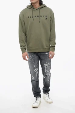 Felpa Con Cappuccio In Cotone Garzato Con Stampa Logo></noscript>John Richmond Outlet