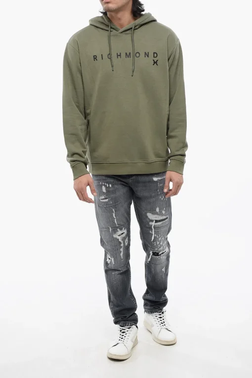 Felpa Con Cappuccio In Cotone Garzato Con Stampa Logo>John Richmond Outlet