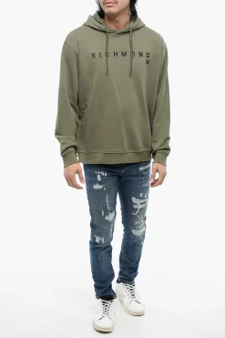 Felpa Con Cappuccio In Cotone Garzato Con Stampa Logo></noscript>John Richmond Outlet