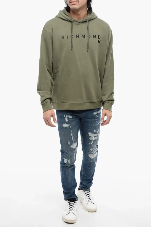 Felpa Con Cappuccio In Cotone Garzato Con Stampa Logo>John Richmond Outlet
