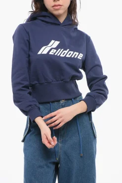 Best Felpa Hoodie Crop in Tinta Unita con Logo Stampato Donna Felpe