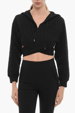 Outlet Felpa Hoodie Crop in Tinta Unita da Avvolgere in Vita Donna Felpe
