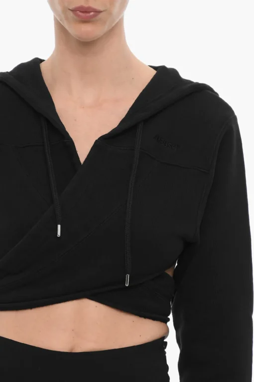 Outlet Felpa Hoodie Crop in Tinta Unita da Avvolgere in Vita Donna Felpe