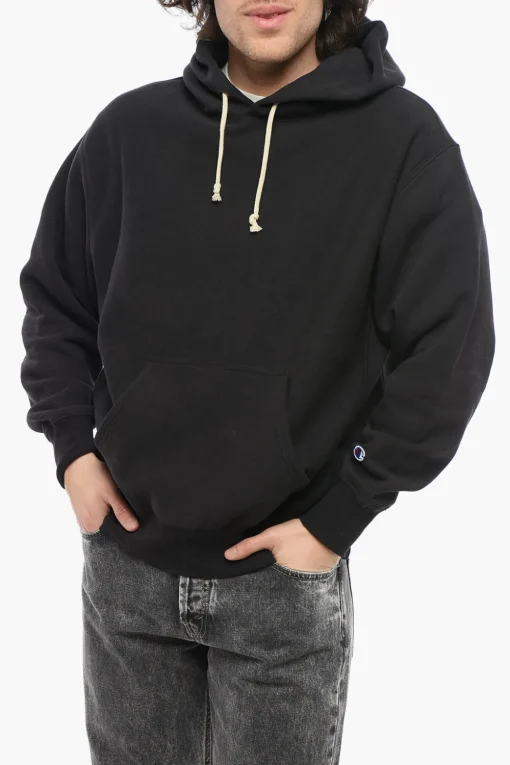 New Felpa Hoodie in Cotone Felpato a Tinta Unita con Tasca A Toppa Uomo Felpe
