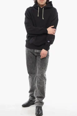 New Felpa Hoodie in Cotone Felpato a Tinta Unita con Tasca A Toppa Uomo Felpe
