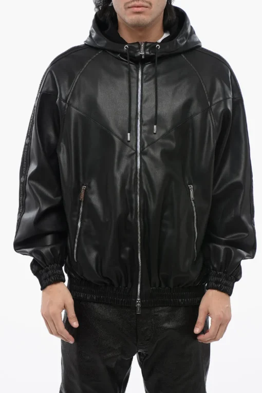 Felpa Hoodie in Ecopelle con Banda Logata>Dsquared2 Online