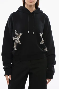 Fashion Felpa Hoodie STAR con Inserti See Through e Cristallli Donna Felpe