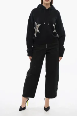 Fashion Felpa Hoodie STAR con Inserti See Through e Cristallli Donna Felpe