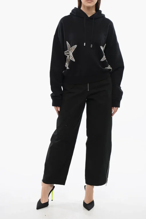Fashion Felpa Hoodie STAR con Inserti See Through e Cristallli Donna Felpe