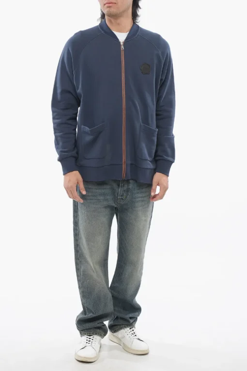 Clearance Felpa Zip-up in Cotone Garzato con Tasche a Toppa Uomo Felpe