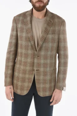 Outlet giacca a 2 bottoni motivo plaid in lino e lana vergine due spacchi revers classico Uomo Giacche