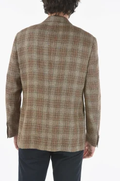 Outlet giacca a 2 bottoni motivo plaid in lino e lana vergine due spacchi revers classico Uomo Giacche