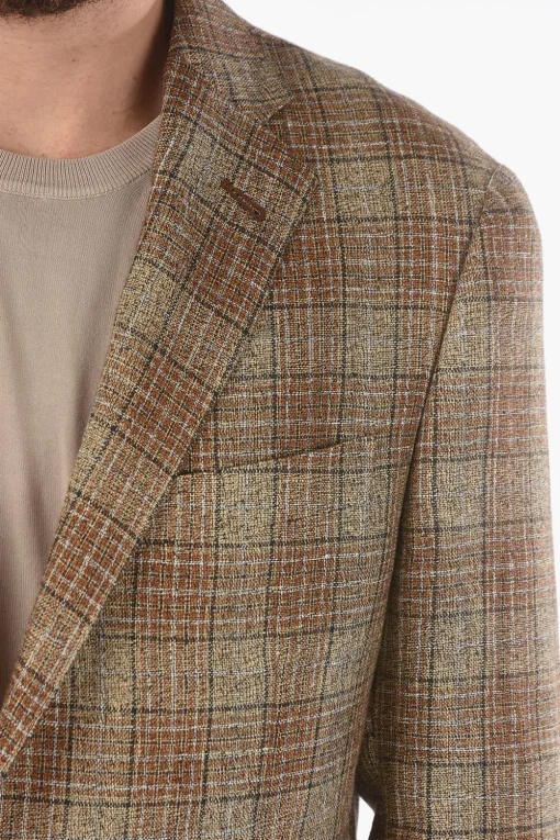 Outlet giacca a 2 bottoni motivo plaid in lino e lana vergine due spacchi revers classico Uomo Giacche