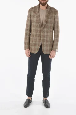 Outlet giacca a 2 bottoni motivo plaid in lino e lana vergine due spacchi revers classico Uomo Giacche