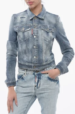 Giubbotto Crop HOLLYWOOD in Denim con Borchie All-Over>Dsquared2 New
