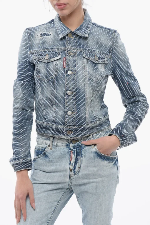 Giubbotto Crop HOLLYWOOD in Denim con Borchie All-Over>Dsquared2 New