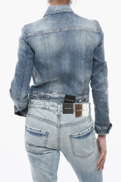 Giubbotto Crop HOLLYWOOD in Denim con Borchie All-Over>Dsquared2 New