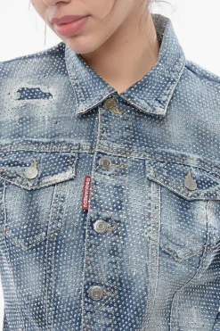 Giubbotto Crop HOLLYWOOD in Denim con Borchie All-Over></noscript>Dsquared2 New