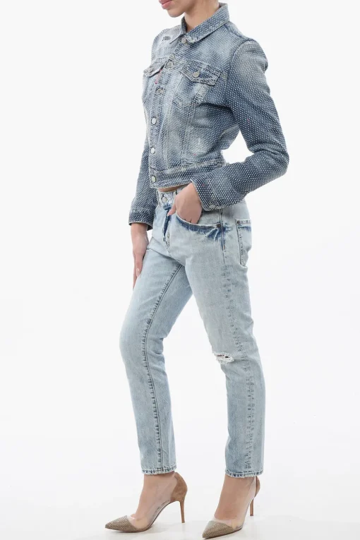 Giubbotto Crop HOLLYWOOD in Denim con Borchie All-Over>Dsquared2 New