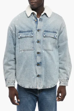 Outlet Giubbotto di Jeans con Motivo Paint-Splatter con Interno Shearling Uomo Giubbotti