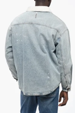 Outlet Giubbotto di Jeans con Motivo Paint-Splatter con Interno Shearling Uomo Giubbotti