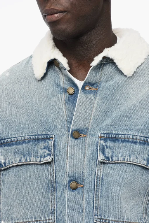 Outlet Giubbotto di Jeans con Motivo Paint-Splatter con Interno Shearling Uomo Giubbotti