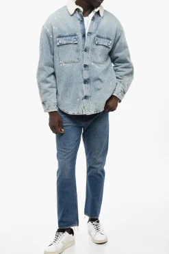 Outlet Giubbotto di Jeans con Motivo Paint-Splatter con Interno Shearling Uomo Giubbotti