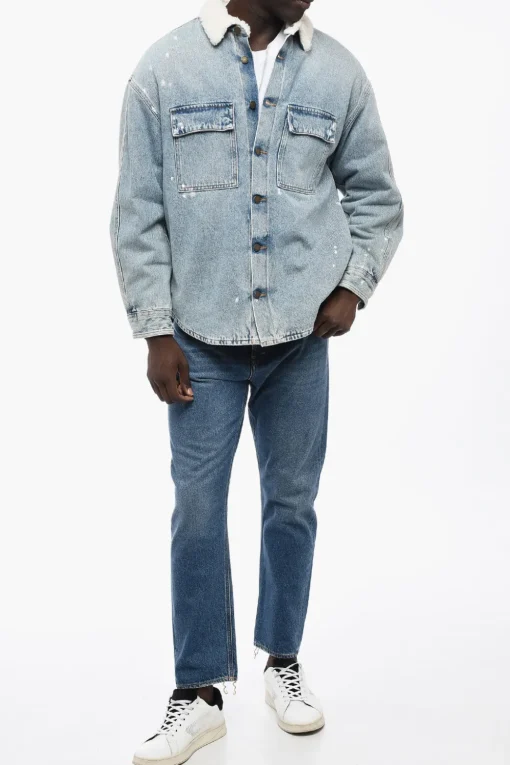 Outlet Giubbotto di Jeans con Motivo Paint-Splatter con Interno Shearling Uomo Giubbotti