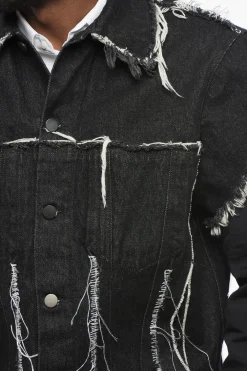 Giubbotto in Denim a Maniche Corte con Dettagli Sfrangiati></noscript>Airei Discount